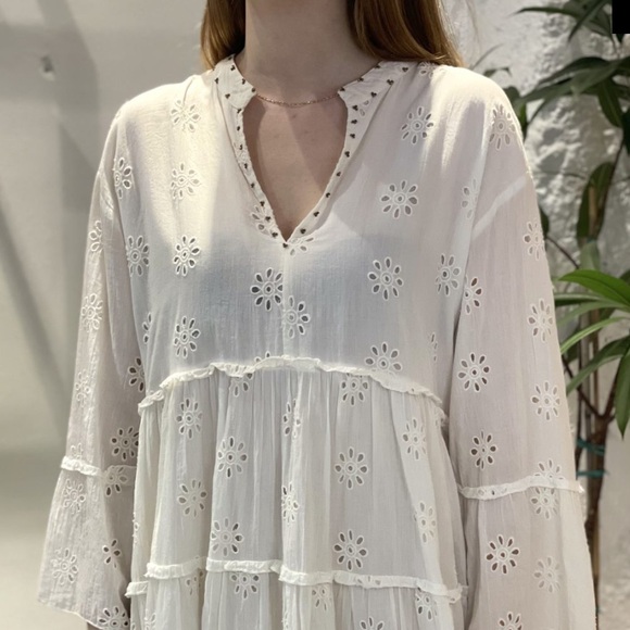 MAISON HOTEL Dennis Short Tiered Embroidered Dress in Ivory - Picture 3 of 12